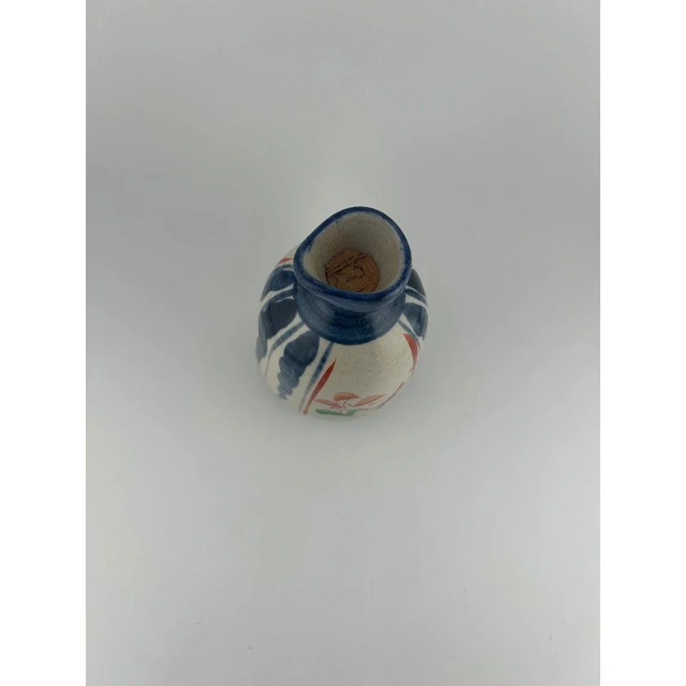 Japanese Ceramic Sake Bottle Vintage Mushroom Floral Design Blue White‎